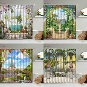 Shower Curtains Landscape Scenery Curtain Waterfall Forest Arched Garden Window View Green Plants Flowers Home Bathroom With Hook Screen