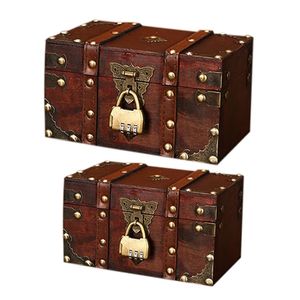 Klasik Stil Saklama Kutuları toptan satış-Retro hazine göğüs ile kilit vintage ahşap saklama kutusu antika tarzı takı damla