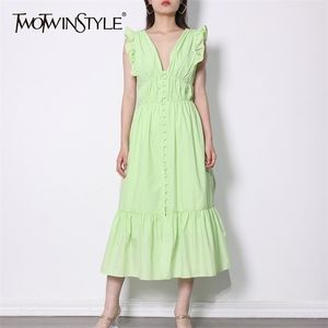 Robe verte pour femmes col en V sans manches taille haute une ligne mi froncé bandage robes de créateurs femmes vêtements 210520