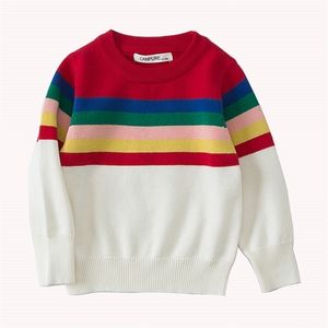 Baby Girls Tröja Höstfjäder Kids Knitwear Boys Pullover Rainbow Stripe Stickade Barnkläder 210521