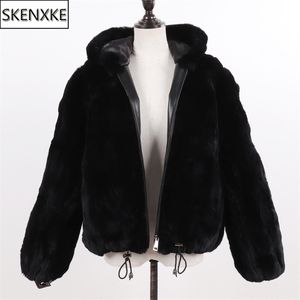 Kvinnor 100% Natural Rex Kanin Fur Hooded Coats Vinter Ryska Lady Varm Real Jackor Äkta Overcoat 211220