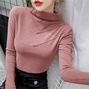 Outono T-shirt de T-shirt das mulheres 6 cores Botões de luva longa camiseta Tshirt Tops Tee Algodão Meia Turtleneck T9D705Y 210421