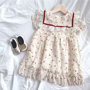 Summer Girl Dress Sweet Chiffon Lace Princess Children Stitching Party 210515