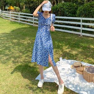 Comelsexy French Ruffle Women Sexy Floral Split Dress Office Lady Korean Style Summer Elegant Chiffon Slim Boho Skirt Vestidos 210515