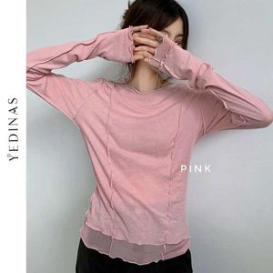 Yedinas Sonbahar Patchwork Mesh Uzun Kollu Üst Kadınlar Için Seksi T-shirt Pembe Rahat Giyim Tees Kadın Harajuku Tshirt Mor 210527