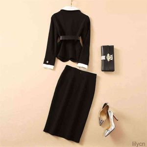 Two Piece Dress European and American women's wear winter style Long sleeved single - breasted belt jacket skirts Fashion black suit