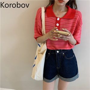 Korobov sommar ny chic nedbrytning krage tröja koreanska patchwork knäppas preppy stil pullovers plaid casual suetter mujer 210430