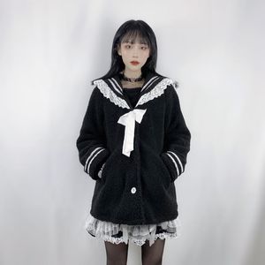 Women's Trench Coats Yangelo Harajuku Cute Coat Autumn Winter Women Gothic Black Loose Hooded Japanese Navy Collar Cardigan Sigle Button JK