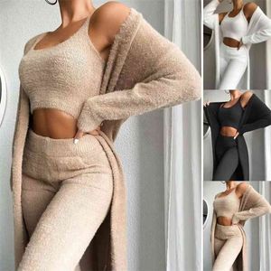 WOEMN Teddy Lounge Wear Set Feminino 3 Peças Fatos de Treino Conjuntos de Pijamas de Lã Roupa de Dormir Feminina Cardigan Roupa de Dormir Sexy Lingerie 210809