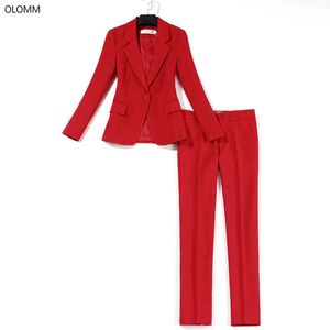 Profesyonel Takım Elbise Pantolon Kadınlar Ince Kırmızı Ceket Ince Pantolon İki Parçalı Yaz Bayan Giyim 210527