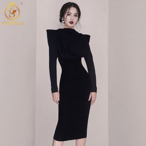 Outono e inverno Temperamental vestidos pretos vintage estilo elegante mulheres mangas compridas high-end Vestido da festa 210520