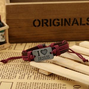 Engrave Christ I Love Jesus ID Bracelet Heart String Adjustable Leather Bracelets Bangle Cuff for Women Men Fashion Jewelry Will and Sandy