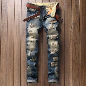 Stretchy 2020 New Fashion Blue Color Skinny Ripped Jeans Men Causal Pants Mens Jeans Homme X0621