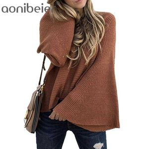 Aonobeier Flare Langarm Gestrickte Schwarz Pullover Frauen Weihnachten Jumper Herbst Winter Oansatz Beiläufige Lose Damen Pullover 210604