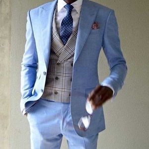 Light Blue Slim Fit Men Suits with Plaid Waistcoat Peak Lapel Groom Tuxedos for Wedding Dinner Party African Fashion Costume X0909