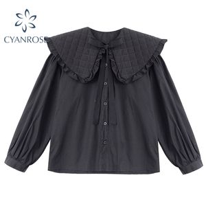 Czarna bluzka damska z długim rękawem pojedyncze breasted duży Peter Pan Collar Lace Up Deisgn Koszula Kobieta Spring Vintage Gothic Topy 210417