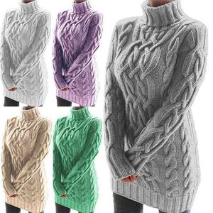Women Autumn Winter Turtleneck Long Sleeve Sweater Dress Solid Slim Fall Warm Gray Pullover Female Mini Twist Knitted 210507
