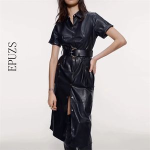 Botão de inverno Cinto PU vestido de couro mulheres midi vintage casual manga curta escritório preto coreano vestidos 210521