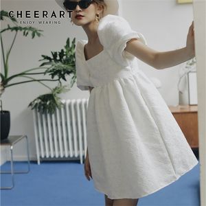 Wholesale open back summer dresses resale online - CHEERART Puff Sleeve White Ruched Summer Dress Square Neck Ball Gown Bandage Open Back Backless Dress Women Elegant