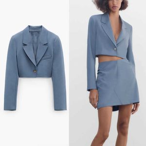 Za Blue Cropped Blazer Women Long Sleeve Shoulder Pads Office Coat Blazers Woman Fashion Wrap Spring Vintage Outerwear Top 210602