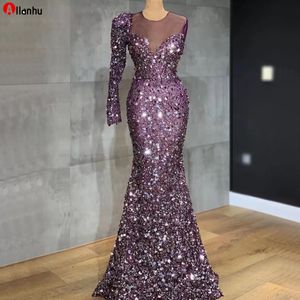 Cekinowy Purpurowy Plus Size Custom Made Suknie Wieczorowe Jedno Ramię Z Długim Rękawem Z Koralikami Formalne Kobiety Webierz Celebrity Party Suknie WJY591