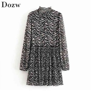 Women Print Mesh Dress Fashion Transparent Long Sleeve Mini es Stand Collar Vintage Pleated Lady Vestido Muje 210515