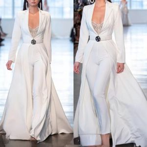 Berta White Jumpsuits Långärmad satin kvällsklänningar med långa jackor plus storlek Robes de Soirée Pants Suits Party Prom Dresses Xu