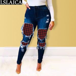 Pantaloni per le donne Fashion Arrivo Big Hole Plaid Patchwork Jeans Personalizzati Casual Skinny Slim Pocket Broeken Dames 210520