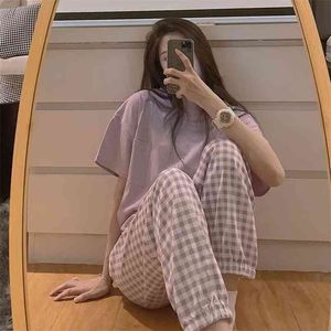 Qweek kadın Pijama Yaz Gece Ev Takım Elbise Pijama Kore Tarzı Katı Renk Izgara Pijamas Homewear Pijama Gecelikler Sevimli 210809