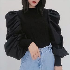 O Neck Chic Puff Long Sleeve Knit Patchwork Pullovers Spring Woman Tops Solid Elegant All-match Slim Fit Sweater 210519