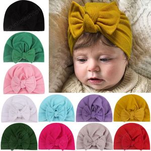 Solid Color Bow Beanie Cap Newborn Младенческая Детская Летняя Мода Симпатичные Турбаны Шляпы Сладкие Мягкие Эластичные Шапки для Детских шапочек для волос