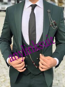 Moda Bir Düğme Koyu Yeşil Damat Smokin Tepe Yaka Düğün / Balo / Akşam Yemeği Groomsmen Erkekler Suits Blazer (Ceket + Pantolon + Yelek + Kravat) W1440