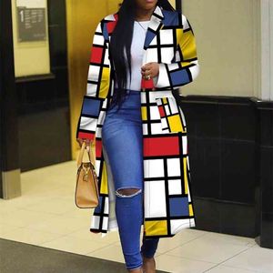 CM.Yaya Höst Winter Plaid Print Trench Full Sleeve High Street Slim Women Streetwear Långrockar för Lady Coat 210820