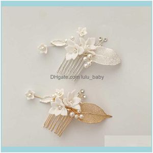 Jewelrywhite Porcelain Flower Bridal Small Comb Leaf Headpiece Pearls Women Hair Jewelry Wedding Prom Aessories Drop Delivery 2021 Amjk3