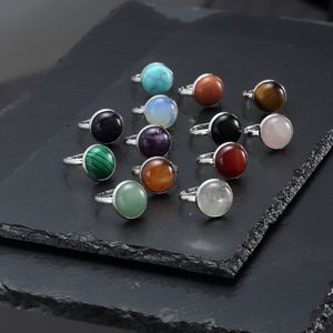 12mm Stainless Steel Round Natural Stone Ring Tiger Eye Opal Pink Crystal Adjustable Rings for Women Pendientes Jewelry