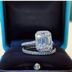 Choucong Märke Toppsäljande Vigselringar Lyxiga smycken Äkta 925 Sterling Silver Emerlad Cut CZ Diamond Party Ädelstenar Kvinnor Förlovningsband Bröllopsring Set Gåva