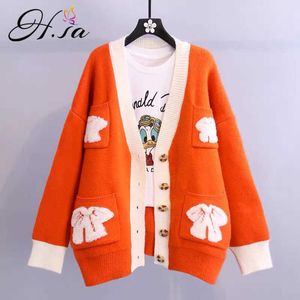 H.Sa Kobiety Casual Sweter i Cardigans Z Długim Rękawem VB Neck Cute Bow Haft Chic Długie Kurtki Sweter Dzianiny Poncho 210716