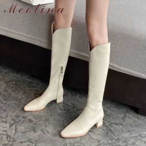 Women Knee High Boots Shoes Genuine Leather Heel Western Pointed Toe Block Zip Long Autumn Winter 210517