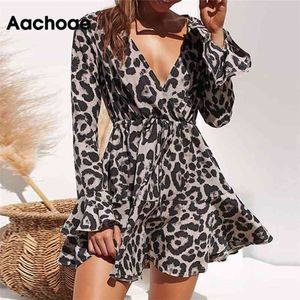 Aachoae Kobiety Letnia Sukienka Leopard Drukuj Boho Beach Dresses Casual Wzburzyć Z Długim Rękawem A-Line Mini Party Dress Vestidos 210719