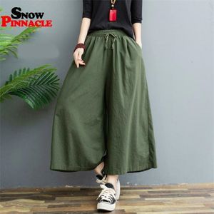 Spring Summer wide leg pants Casual Cotton Linen Solid Elastic waist Candy Colors loose calf length Trousers 210915