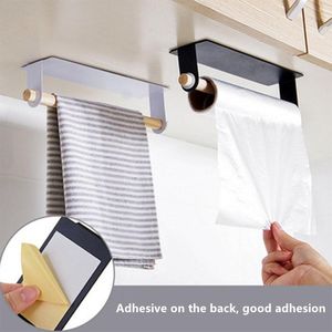 Towel Racks Wall-mounted Paste Bar Punch-free Self-adhesive Paper Roll Holder Wooden Storage Rack Hanger Kitchen Bathroom Organization