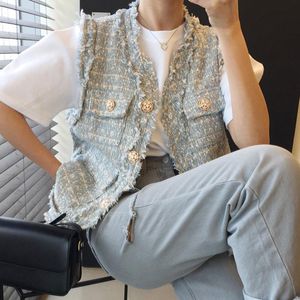 Damenwesten Chic Sommer Französisch lose einreihige Tweed-Weste ärmelloses Top Frauen koreanischen Stil Mäntel Oberbekleidung Damen Weste