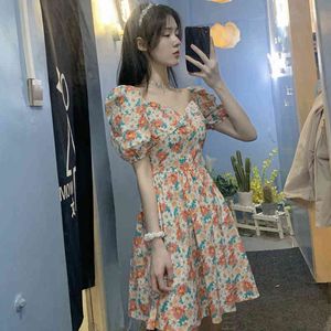 Bubble sleeves print flower dress women's summer 2021 backless dresses X0521