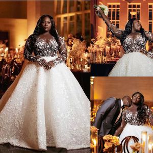 Plus Size Wedding Dress Lace Appliques Sheer Pescoço Jóia Beading Vestidos De Noiva Piso Comprimento Africano Robe de Mariee