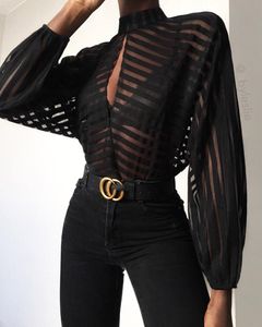 女性のブラウスシャツ夏の女性のストライプシアーメッシュブラウス 2021 ファッションファムカジュアルモック長袖鍵穴フロントトップオフィスレディース O