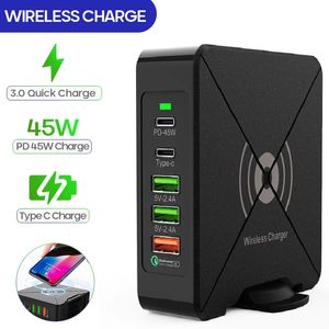 75W PD Wireless Charger Interface Qualcomm Snabbladdning 3.0 5 Port med typ-C USB-laddning Mobiltelefon Laddare