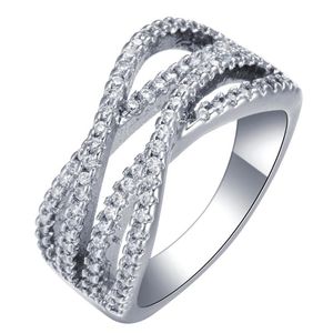 Fedi nuziali Taglia 7 8 9 Doppia croce Anello placcato argento con micro pavé di gioielli in zircone CZ Lucido colore oro bianco per le donne