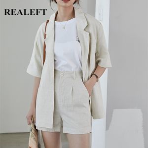 Summer Cotton Linen Workwear Women's Pant Suits Single Button Blazer Jacket & Zipper Short Female Sets 210428