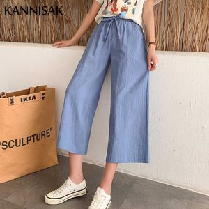 Wide Leg Pants Summer 2021 Cotton Linen Loose Breathable Korean Women Pants Sweet Girl Elastic Waist Solid Ankle Length Pants Q0801