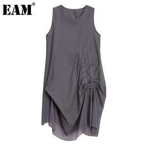 [EAM] Frauen Grau Unregelmäßige Raffen Rüschen Kleid Rundhals Ärmel Lose Fit Mode Frühling Sommer 1DD8161 210512